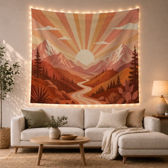 Boho Sunset Hills with Mountain Graphic Upper Pale, Serene Boho for Boho Decor Lovers, Desert Sunset Wall Art, Mother'S Day Gift, Tapestry Wall Hanging for Bedroom and Dorm