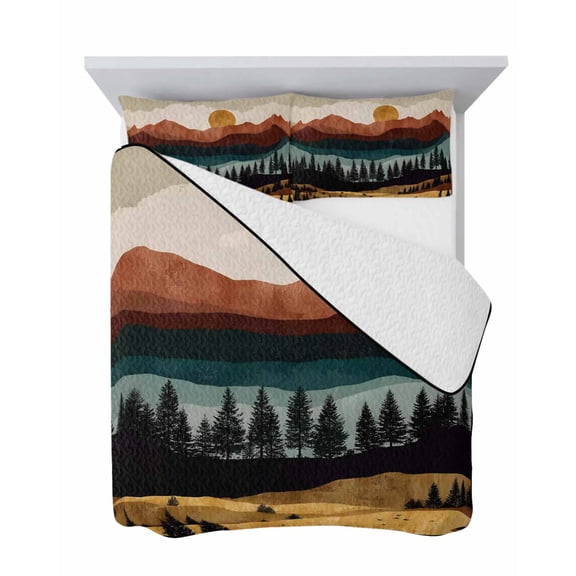 Boho Sunset Landscape 3 Piece Quilt Set King Size, Valley Forest Deep Brown Mountains Pines Tree Soft Bedspread Coverlet Bedding Set Microfiber Comforter Set with 2 Pillowcases for Bedroom
