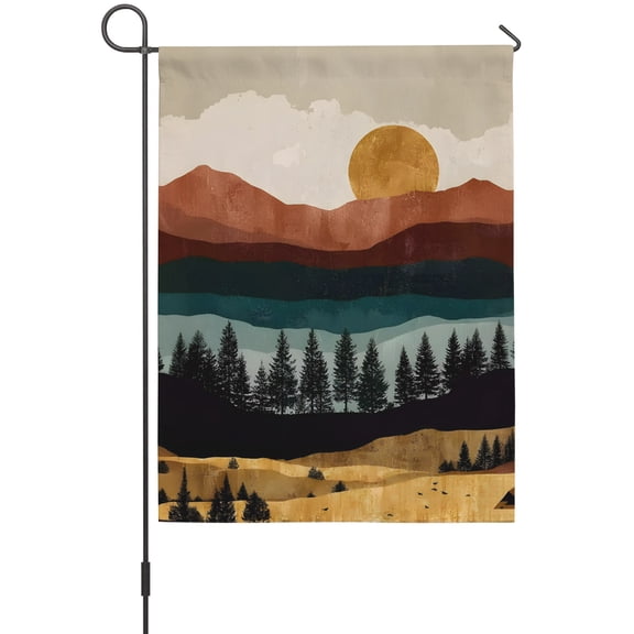 Boho Sunset Landscape Garden Flags For Outdoor, Valley Forest Deep Brown Mountains Pines Tree Small Double Side Yard Flags Weather Proof Garden Decor for Lawn Outside Holiday 12 x 18 Inches