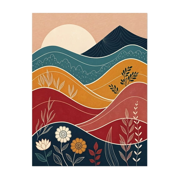 Boho Sunset Landscape - Painting Abstract Geometric Floral Modern Art Landscape Nature Boho Unframed Wall Art Print 5 x 7 inches