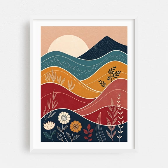 Boho Sunset Landscape - Painting Abstract Geometric Floral Modern Art Landscape Nature Boho White Framed Wall Art Print 12 x 16 inches
