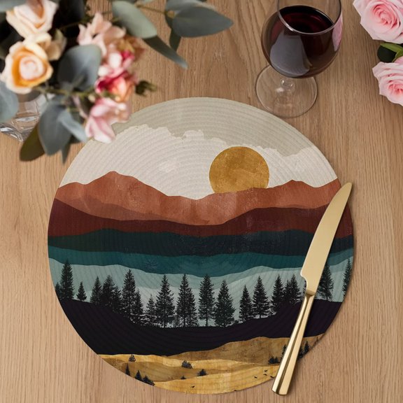 Boho Sunset Landscape Round Braided Placemats Set of 2, Valley Forest Deep Brown Mountains Pines Tree Heat Insulation Place Mats Washable Non-Slip Table Mats for Kitchen Dining Party, 13 Inches