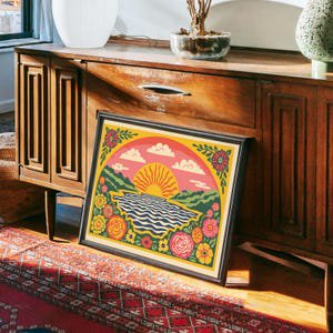 Boho Sunset Landscape Vintage Floral Horizon Poster, 8x12 UNFRAMED