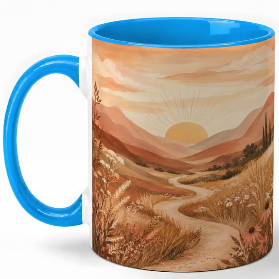 Boho Sunset Mountain Coffee Mug, Warm Landscape Wildflower Nature Design, 11 oz Ceramic Cup