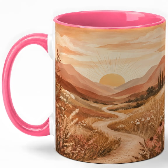 Boho Sunset Mountain Coffee Mug, Warm Landscape Wildflower Nature Design, 11 oz Ceramic Cup