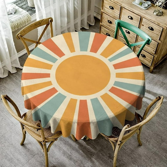 Boho Sunset Round Tablecloth, Vintage 70s Rainbow Sunrise Geometric Abstract Art Table Cloth Cover for Decoration Holiday Parties Kitchen Dining Picnic, Round(60x60in)
