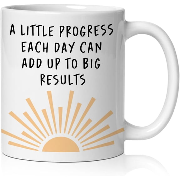 Boho Sunshine Inspirational Mug, Motivational Coffee Cup Ceramic, Positive Affirmation Gifts, a Little Progress Each Day Can Add up to Big Results Ceramic Coffee Tea Mug 11 oz