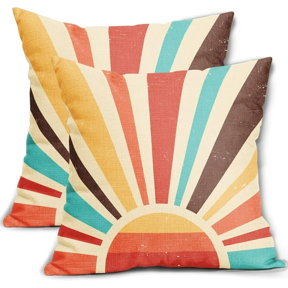 Boho Sunshine Pillow Covers 18x18 Set of 2 Modern Abstract Bohemian Sun Sunset Print Decorative Throw Pillows Outdoor Pillowcase Linen Farmhouse Cushion Case Decor for Couch Sofa Bed