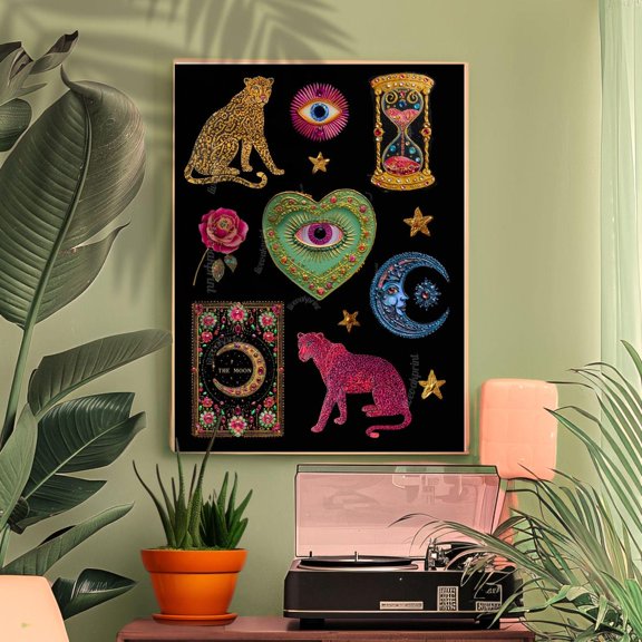 Boho Surreal Leopard Eye Wall Art Print, Celestial Maximalist Decor