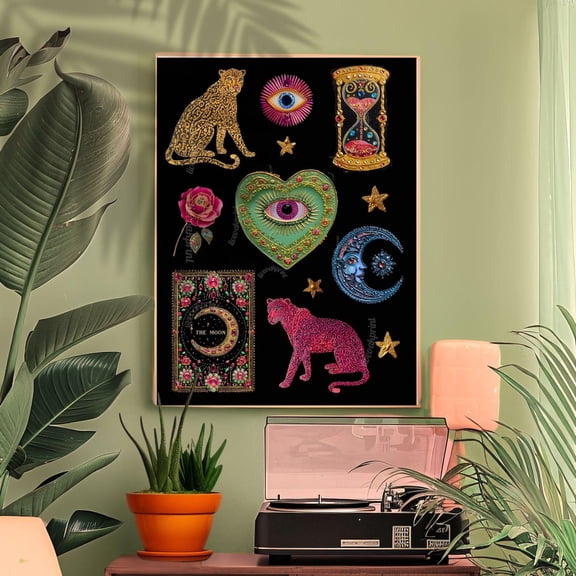 Boho Surreal Wall Art Print, Leopard Eyes Maximalist Coquette Trippy Eclectic Art Eye Moon Celestial, Study Room And Office Decor