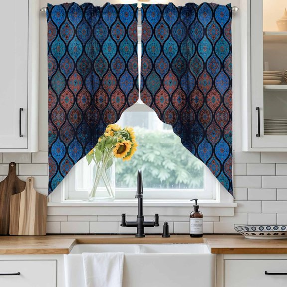 Boho Swag Curtain Valance for Windows, Moroccan Trellis Blue Red Black Geometric Flower Texture Window Treatments Short Swag Topper for Kitchen Windows Bathroom Bedroom, 28"x36"