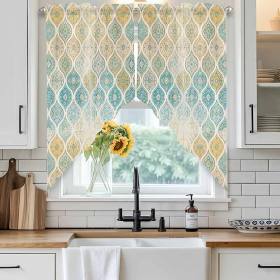 Boho Swag Curtain Valance for Windows, Moroccan Trellis Yellow Argyle Geometric Flower Texture Window Treatments Short Swag Topper for Kitchen Windows Bathroom Bedroom, 36"x36"