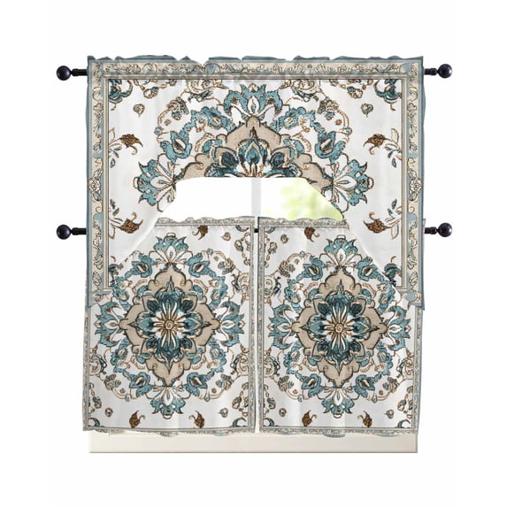 Boho Swag Valance and Tier Curtains Set Retro Blue Floral Vintage ...