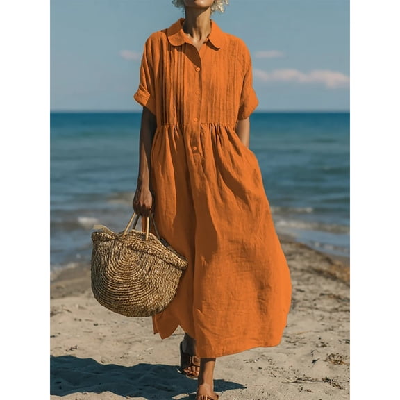 Boho Swing Cotton Linen Dress for Women Button up Loose Short Sleeve Summer A-Line Casual Beach Maxi Dresses with Pockets New Going out Dresses for Women Summer Yellow L