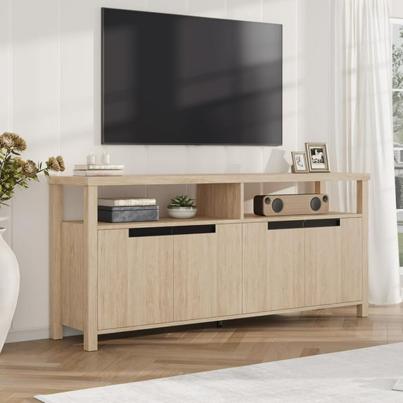 Boho TV Stand TV Media Console for TVs up to 70 Inch,Entertainment Cente 63 Inch Long Entertainment Center with 4 Door and Open Shelf, Rustic Brown Television Consoles Stands for living room, Bedroom