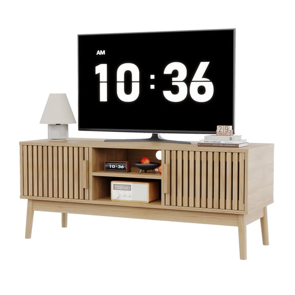Boho TV Stand for TVs Up to 50 Inch, Mid Century Modern Entertainment Center with Fluted Storage Doors and Open Shelves, Wood Media Console Table for Living Room Bedroom, Natural
