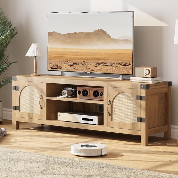 Boho TV Stand for TVs up to 65",Entertainment Center with Rattan Door and Adjustable Shelves,Rattan TV Console for Living Room