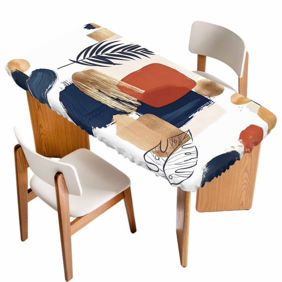 Boho Table Cloths for 6 Foot Rectangle Tables, Middle Century Leaves Minimalist Abstract Bohemia Patio Waterproof Elastic Fitted Tablecloths, Washable Rectangular Table Cover for Camping