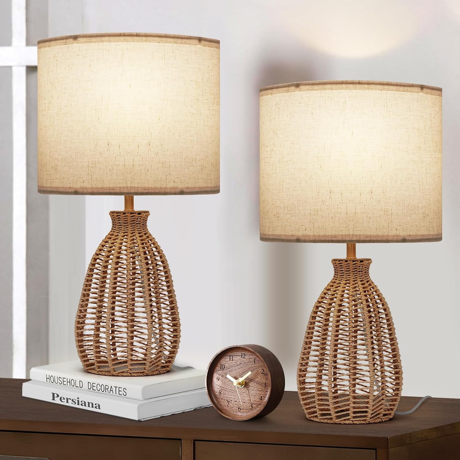 Boho Table Lamp Set of 2-21"" Rattan Tall Table lamp Farmhouse Nightstand Lamps with Linen ...