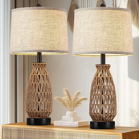 Boho Table Lamp Set of 2, 27" Handwoven Rattan Lamps with Fabric Shade, Bohemian Bedside Lamp Modern Wicker Lamps with Rotary for Bedroom Living Room Nightstands Dorm Decor