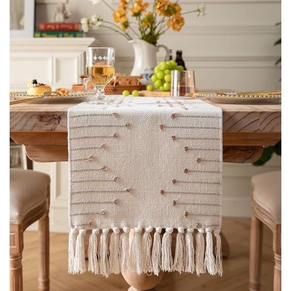 Boho Table Runner 13 x 72 Inch Long Natural Cotton Woven Runner with Tassels for Home Dining Table décor, for Modern Farmhouse Decor Coffee Table Runner, Green and Beige