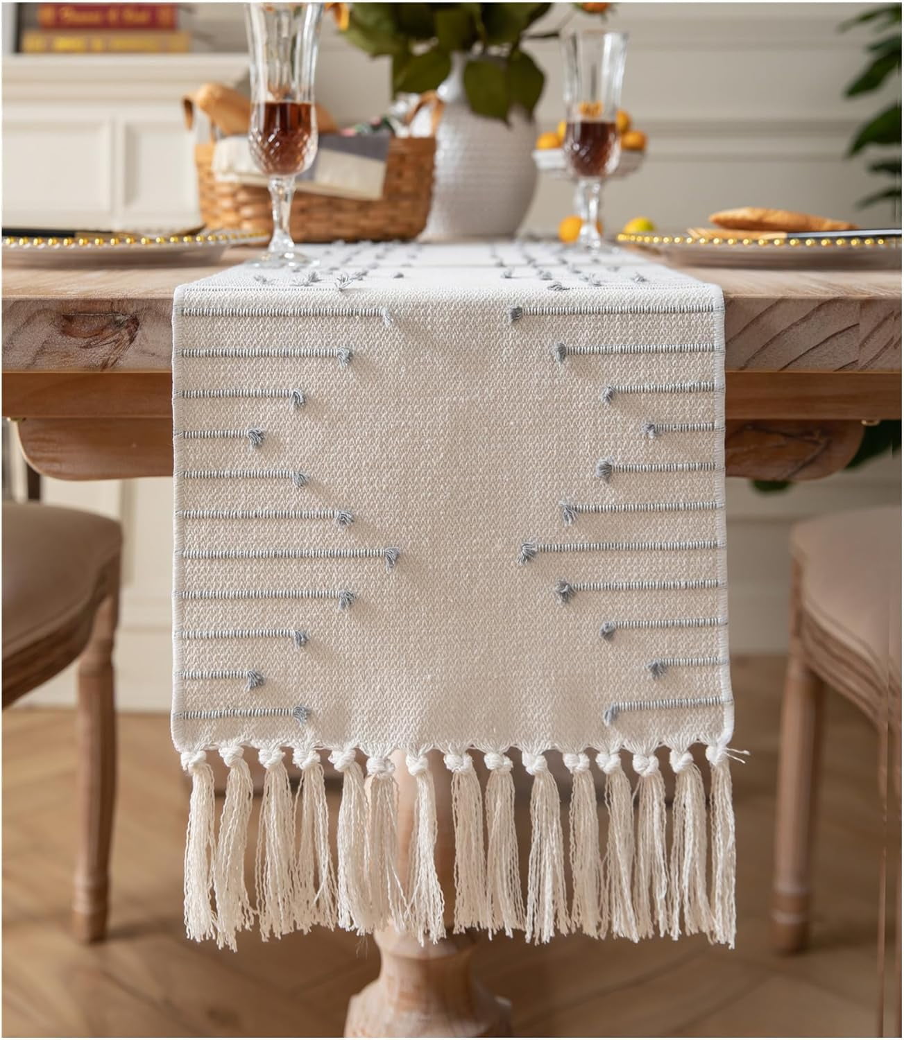 Boho Table Runner 13 x 90 Inch Long Natural Cotton Woven Runner with Tassels for Home Dining Table décor, for Modern Farmhouse Decor Coffee Table Runner, Taupe and Beige