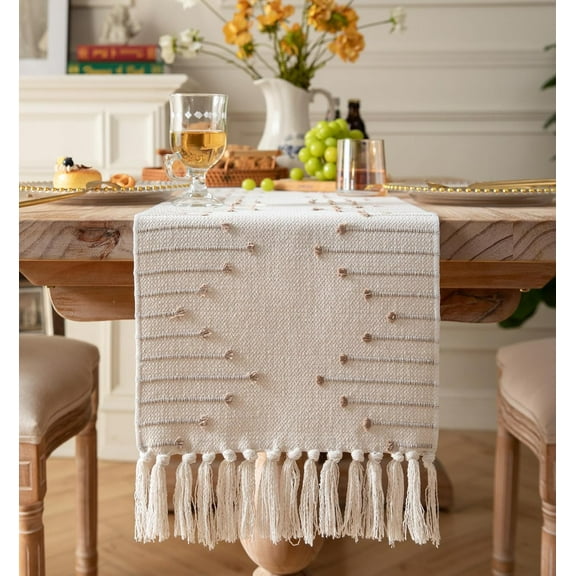 Boho Table Runner 13 x 90 Inch Long Natural Cotton Woven Runner with Tassels for Home Dining Table décor, for Modern Farmhouse Decor Coffee Table Runner, Taupe and Beige
