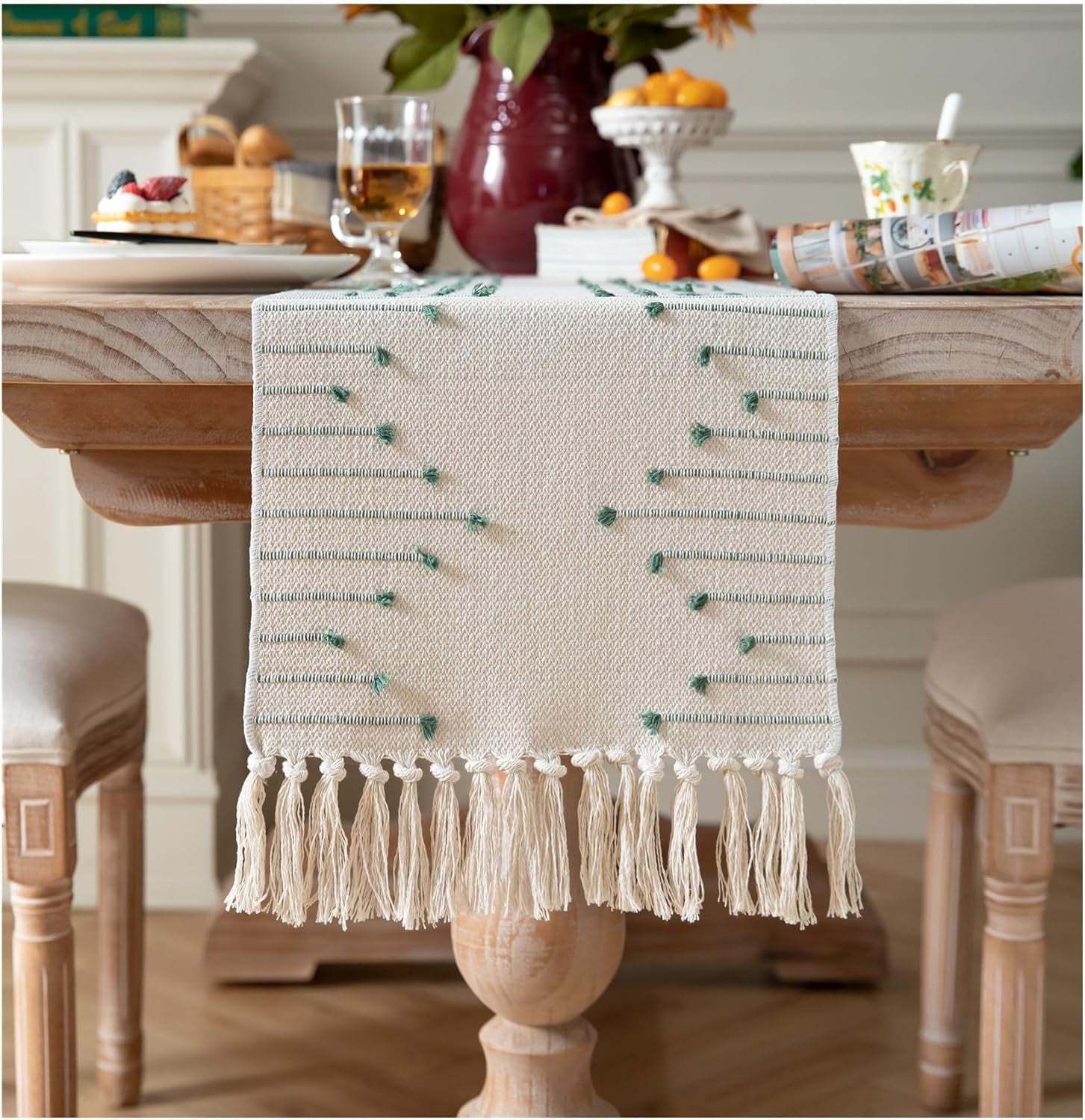 Boho Table Runner 13 x 90 Inch Long Natural Cotton Woven Runner with Tassels for Home Dining Table décor, for Modern Farmhouse Decor Coffee Table Runner, Taupe and Beige