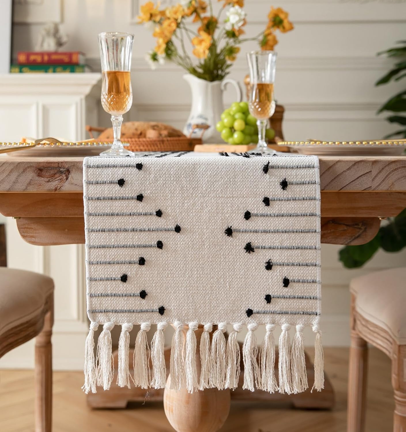 Boho Table Runner 13 x 90 Inch Long Natural Cotton Woven Runner with Tassels for Home Dining Table décor, for Modern Farmhouse Decor Coffee Table Runner, Taupe and Beige