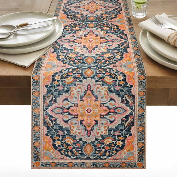 Boho Table Runner 13x36 inch Vintage Abstract Medallion Damask Floral Middle Ages Cotton Linen Dining Table Runner Ideal for Dresser Kitchen Coffee Tables - Machine Washable