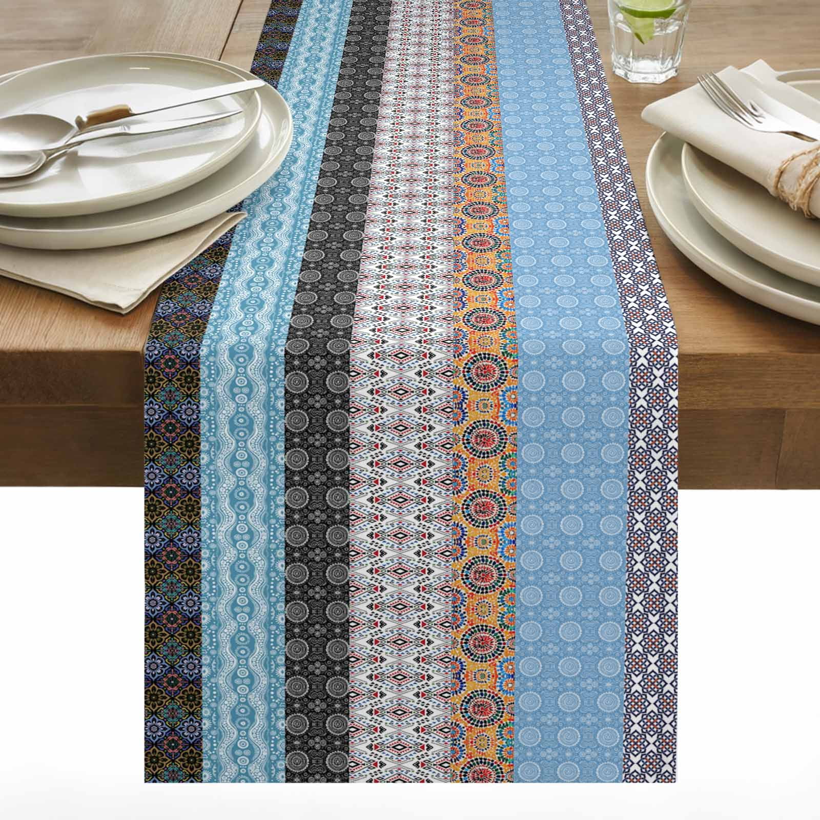 Table Runner Examples Boho Table Runner 13x90 inch Black Orange Black Blue Geometric Abstract ...