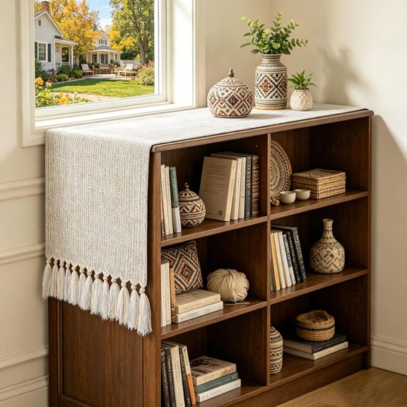 Boho Table Runner 48 Inch, Beige Macrame Dresser Runner with Handmade Tassels, Woven Cotton Linen Coffee Table Runner for Nightstand, End Table, Farmhouse Living Room Decor