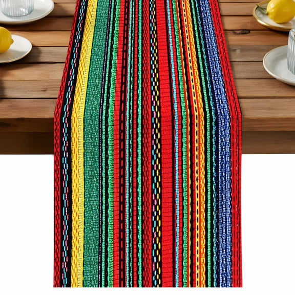 Boho Table Runner, Bohemian Colorful Stripes Retro Abstract Rainbow Cotton Linen Table Cloth, Tablerunner for Kitchen Dining Party Wedding Home Decor 13x70 Inch