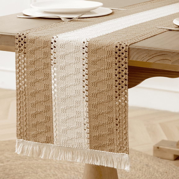 Boho Table Runner Burlap Macrame Boho Table Runners with Tassels Hand Woven Cotton Table Runner Rustic Farmhouse Table Runners for Bohemian Kitchen Dining Table (12x48 Inches)