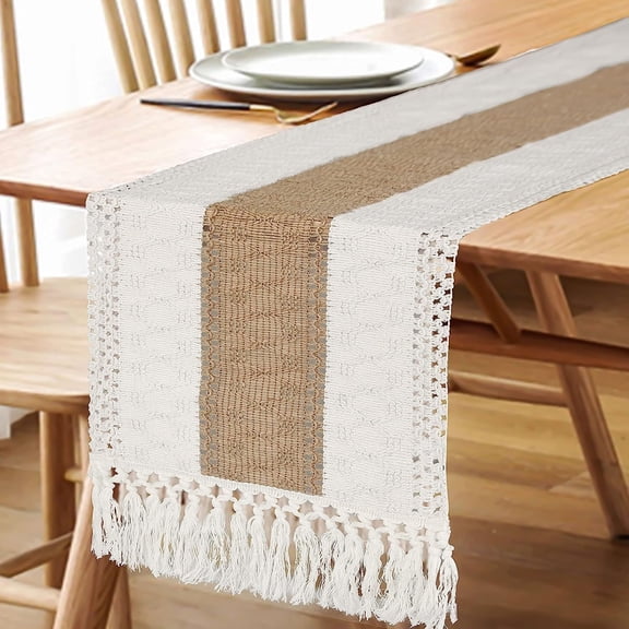 Boho Table Runner Burlap Macrame Boho Table Runners with Tassels Hand Woven Cotton Table Runner Rustic Farmhouse Table Runners for Bohemian Kitchen Dining Table (12x48 Inches)