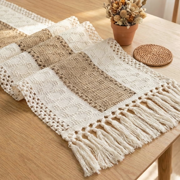 Boho Table Runner, Farmhouse Macrame Bicolor Table Runner For Summer Home Decor, Rustic Woven Cotton Crochet Lace With Tassels For Living Room Bridal Shower, 72" X 12"