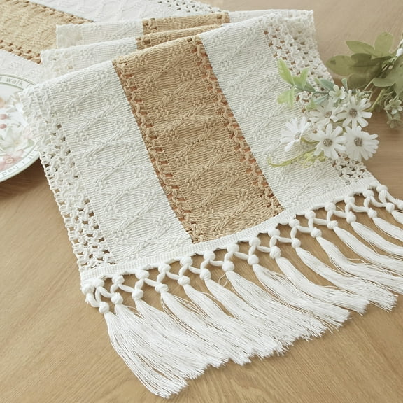 Boho Table Runner, Farmhouse Macrame Wedding Table Runner For Garden & Outdoor Decor, Summer And Autumn Bridal Shower Decor, Rustic Woven Cotton Crochet Lace With Tassels For Living Room, 75x12 Inch