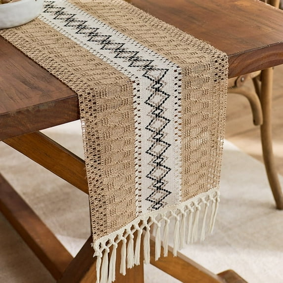 Boho Table Runner, Farmhouse Table Runners 72 Inches Long, Cotton Linen Rustic Table Runner, Macrame Table Decoration for Holiday Party, Wedding and Dining, 72 Inches