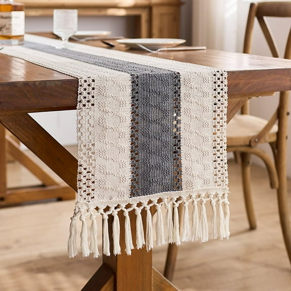 Boho Table Runner, Farmhouse Table Runners 72 Inches Long, Cotton Linen Rustic Table Runner, Macrame Table Decoration for Holiday Party, Wedding and Dining, 72 Inches