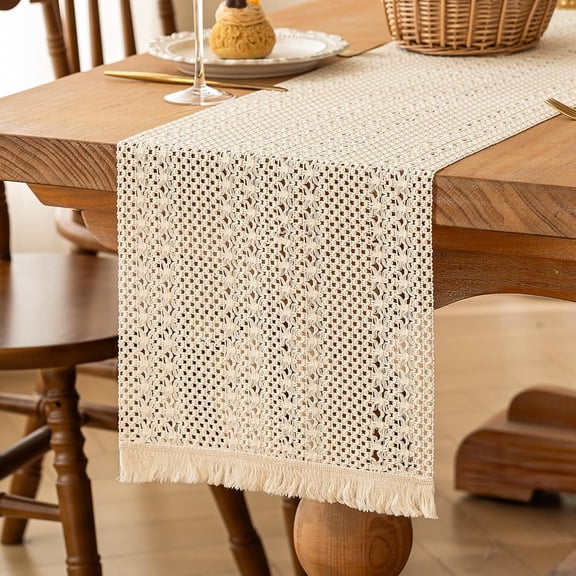 Boho Table Runner for Home Decor with Tassels 72 Inch Farmhouse Burlap Table Runner Rustic Lace Decoration for Living Room Dining Table, Entryway Kitchen Natural Beige (12x72 Inch)