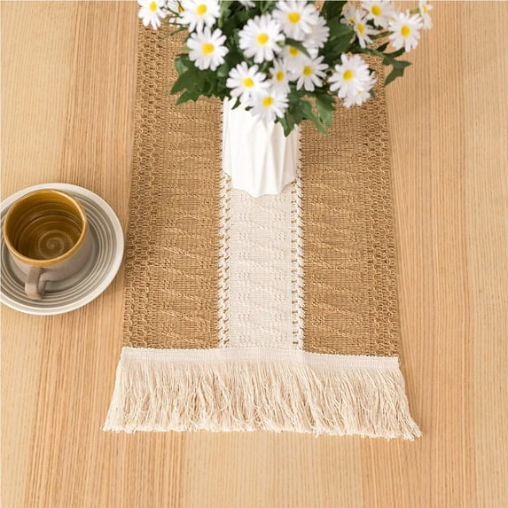 Boho Table Runner Linen Cotton Stitching Table Runner with Tassels for Home Wedding Dinning Farmhouse Table Decor