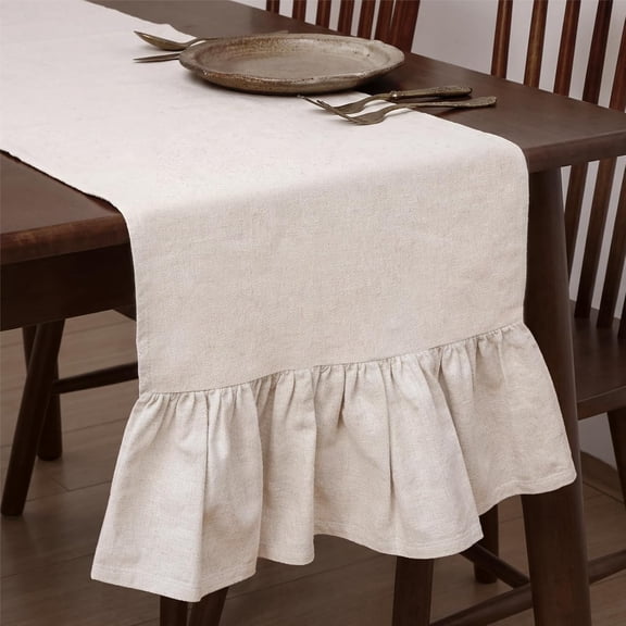 Boho Table Runner Linen Farmhouse Table Runners with Ruffle Hem Rustic Burlap Home Party Decoration for Living Room(13 x 72 Inch,Linen Beige)