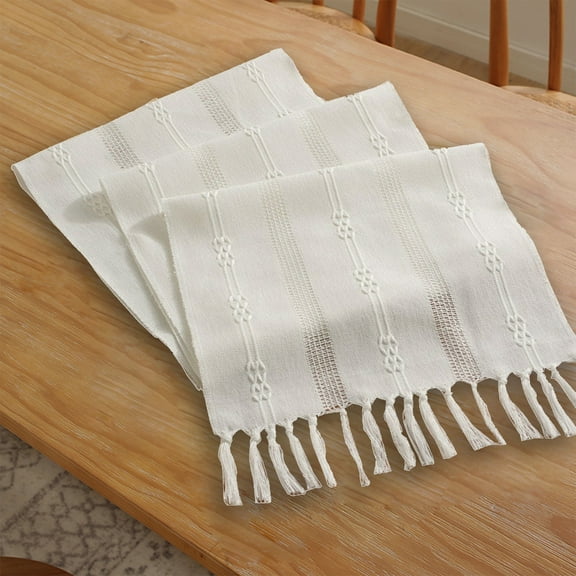 Boho Table Runner Linen Macrame | Woven Cotton Polyester Tassel Decor | 15"x72" White Blue Khaki | Vintage Lace Crochet, Textured Hollow, Rustic Bohemian Dining Bedroom Wedding Party
