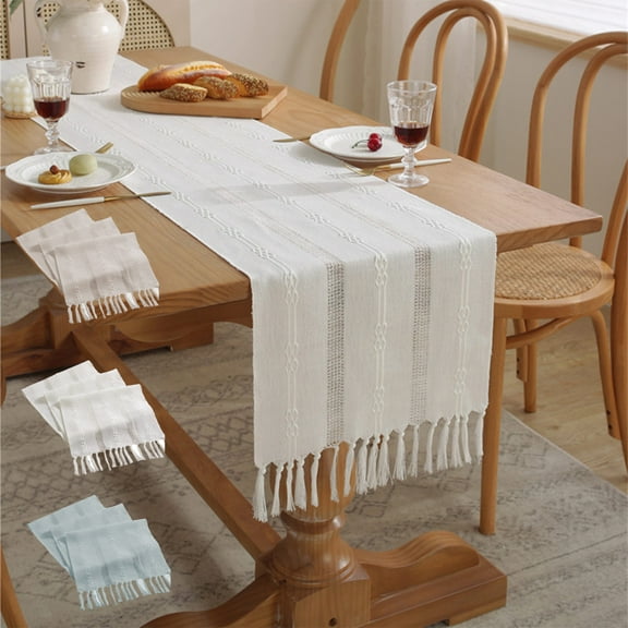 Boho Table Runner Linen Macrame Woven with Tassels Natural Textured Fabric for Bohemian Home Decor Dining Table Bedroom Decor Rustic Farmhouse Style Topliu