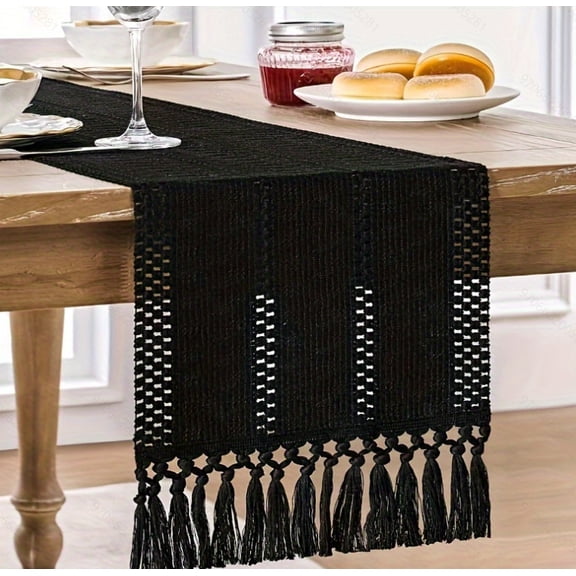 Boho Table Runner Macrame Farmhouse Woven Cotton Linen Rustic Table Runner with Handmade Tassels for Home Decor Dining Fall Thanksgiving 13x72 inches