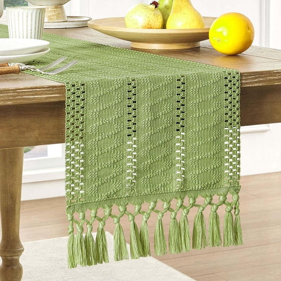 Boho Table Runner Macrame Farmhouse Woven Cotton Linen Rustic Table Runner with Handmade Tassels for Home Decor Dining Fall Thanksgiving 13x72 inches