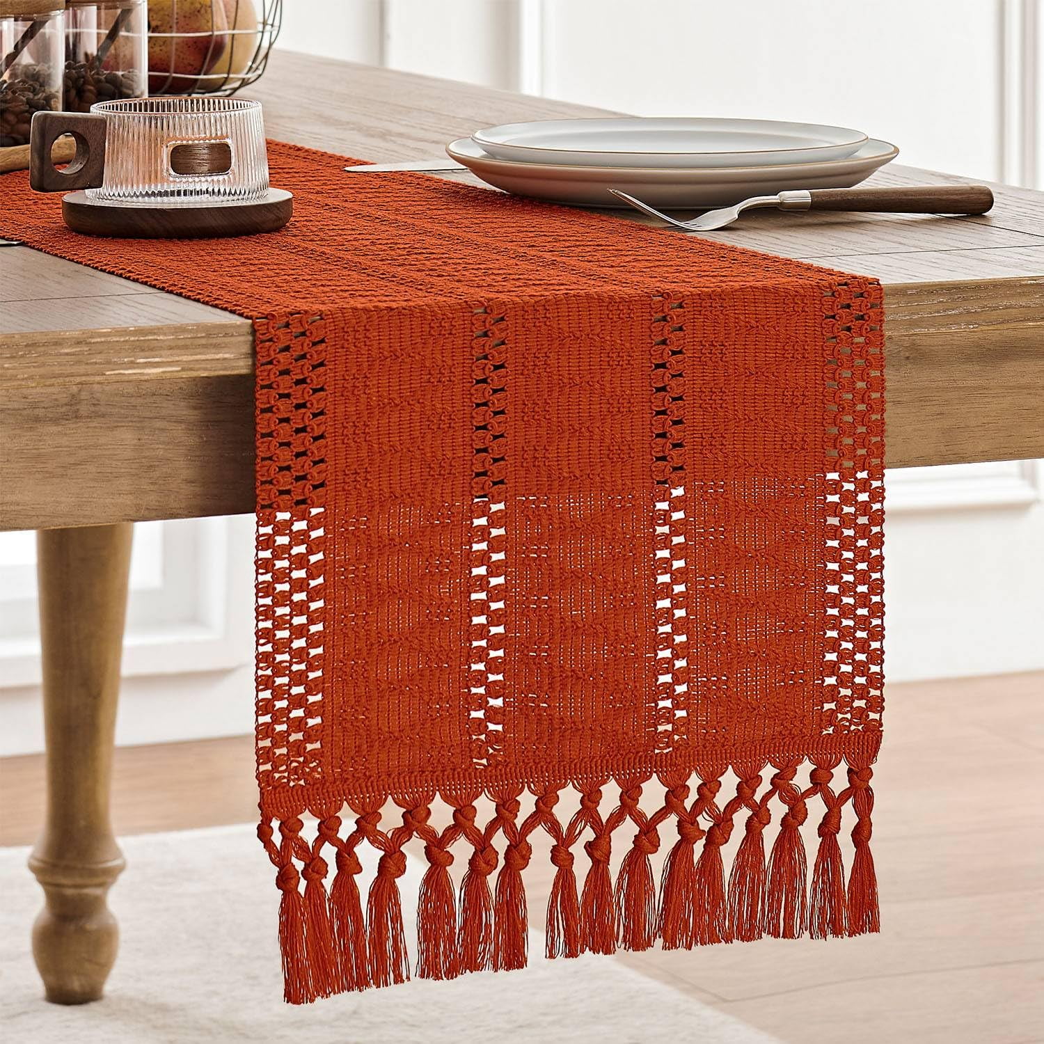 Boho Table Runner, Macrame Style Ivory Table Runners Farmhouse Woven Home Decor, 12x48 Inch, Dark Orange