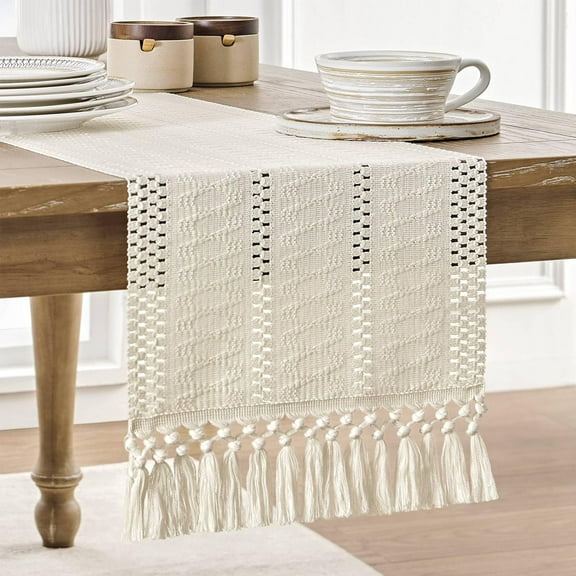 Boho Table Runner, Macrame Style Ivory Table Runners Farmhouse Woven Home Decor, 12x48 Inch, Ivory