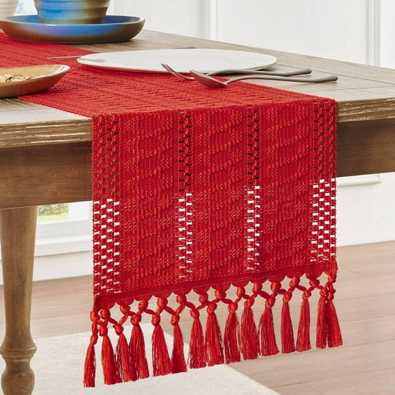 Boho Table Runner, Macrame Style Ivory Table Runners Farmhouse Woven Home Decor, 12x64 Inch, Red