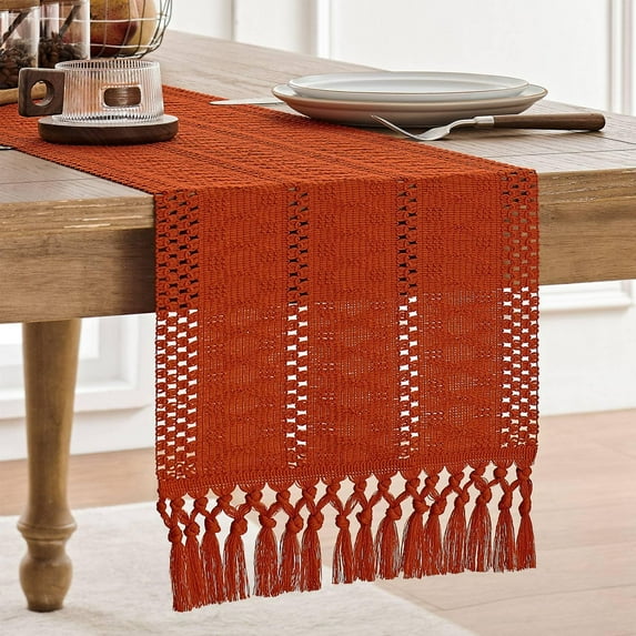 Boho Table Runner, Macrame Style Ivory Table Runners Farmhouse Woven Home Decor, 12x90 Inch, Dark Orange